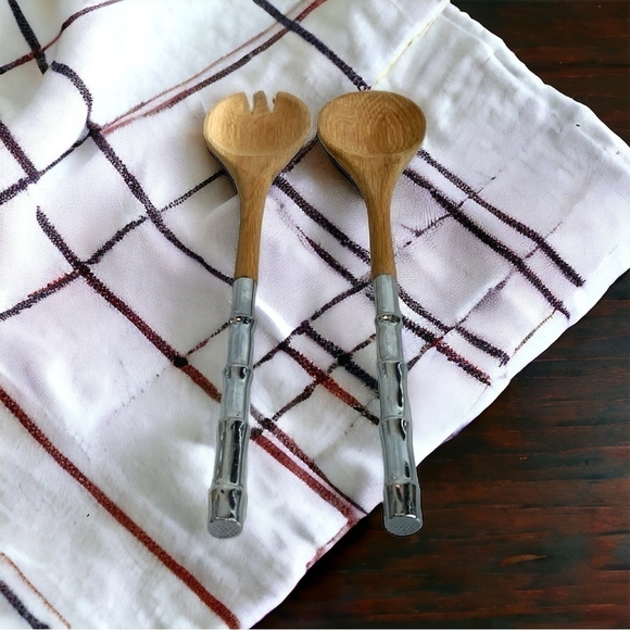 Serving Silverware Wooden Stainless Steel Fork and Spoon Servers 2Pcs SALAD SET - Picture 2 of 5